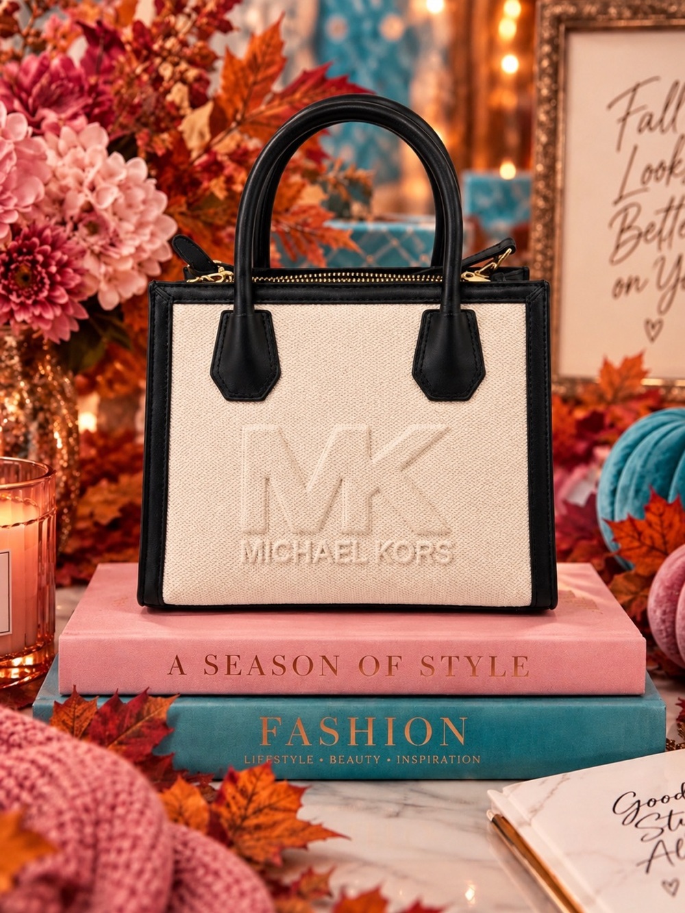 Michael Kors Mirella Small Logo Jacquard Cream Black Crossbody Tote Bag